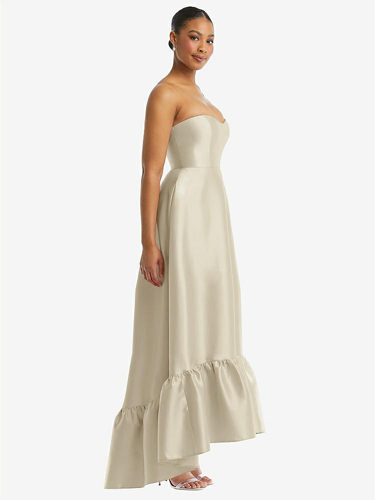 【STYLE: D838】Strapless Deep Ruffle Hem Satin High Low Dress with Pockets【COLOR: Champagne】
