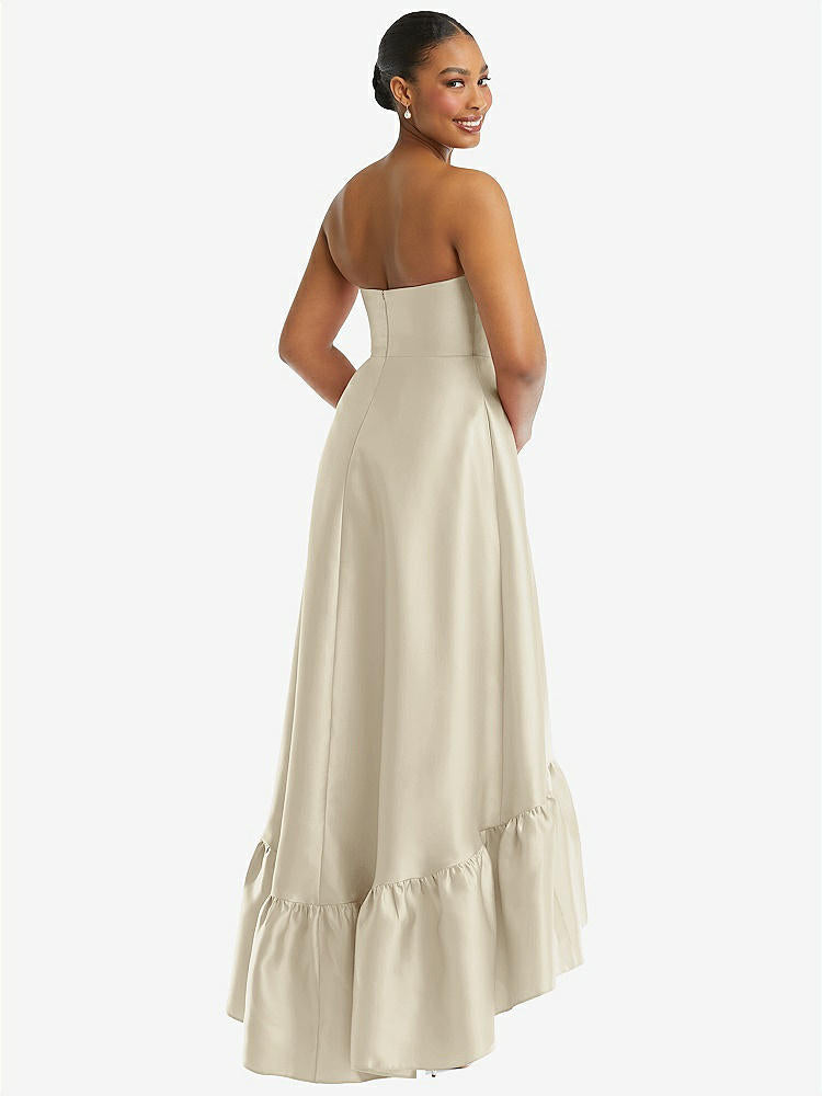 【STYLE: D838】Strapless Deep Ruffle Hem Satin High Low Dress with Pockets【COLOR: Champagne】