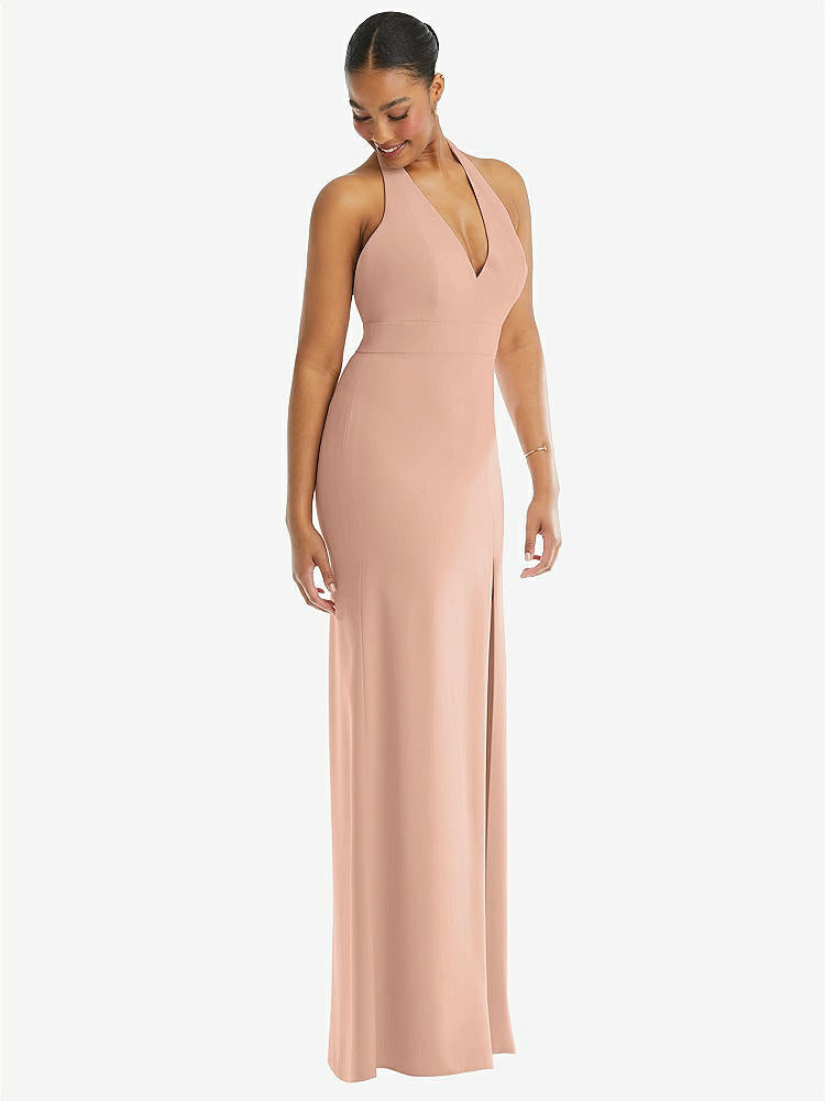 【STYLE: TH110】Plunge Neck Halter Backless Trumpet Gown with Front Slit【COLOR: Pale Peach】