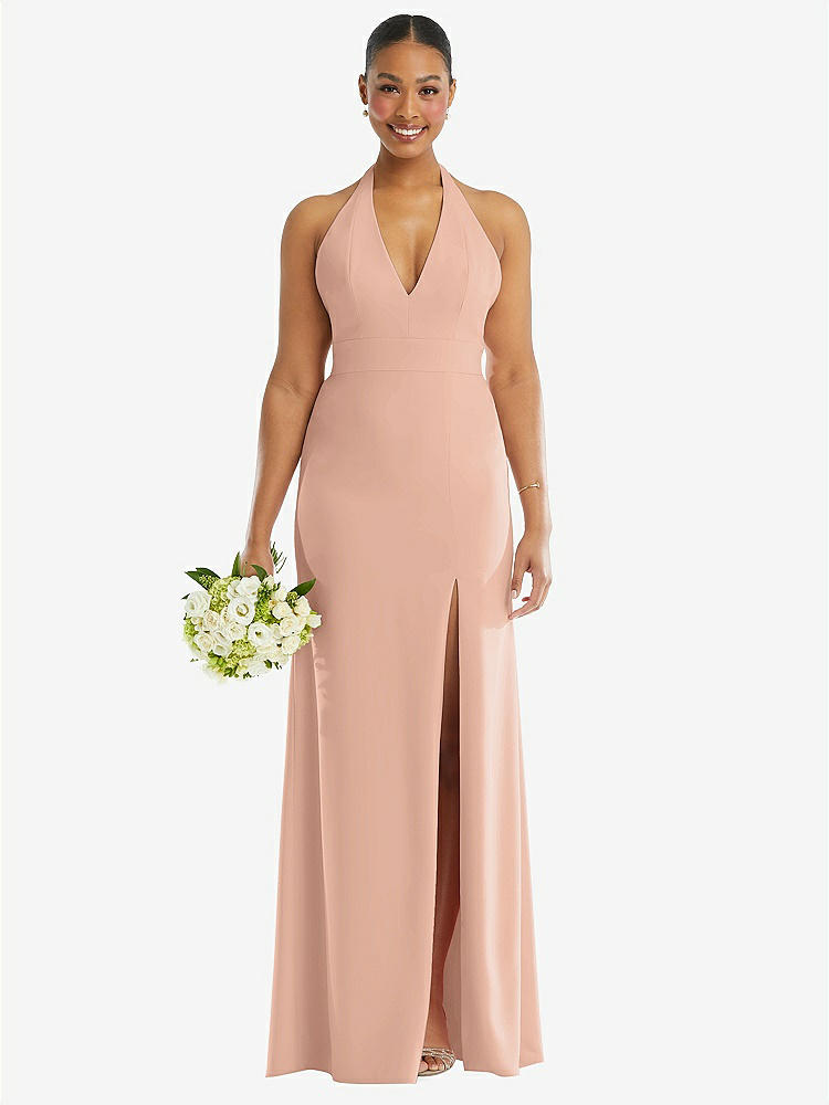 【STYLE: TH110】Plunge Neck Halter Backless Trumpet Gown with Front Slit【COLOR: Pale Peach】