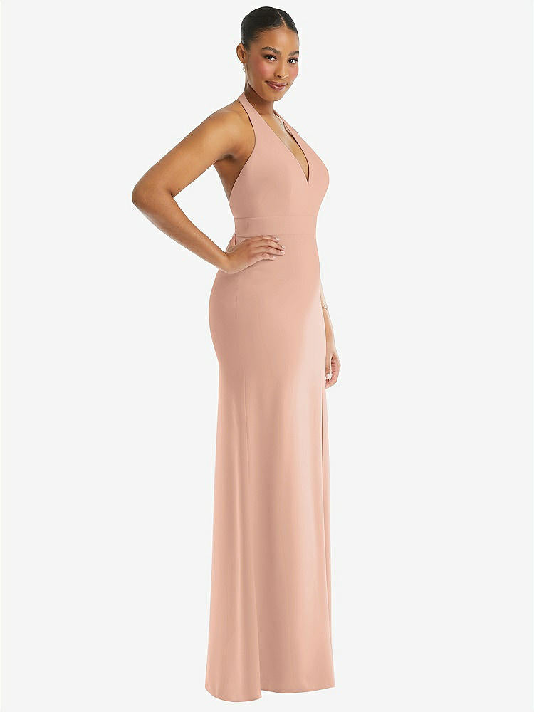 【STYLE: TH110】Plunge Neck Halter Backless Trumpet Gown with Front Slit【COLOR: Pale Peach】