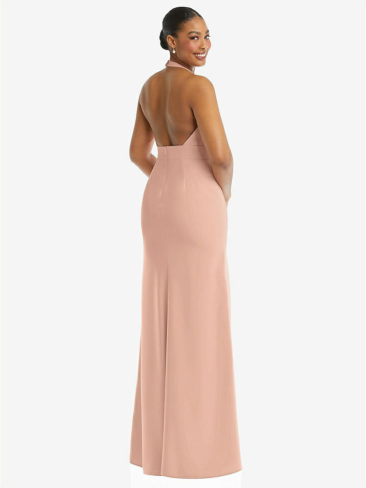 【STYLE: TH110】Plunge Neck Halter Backless Trumpet Gown with Front Slit【COLOR: Pale Peach】