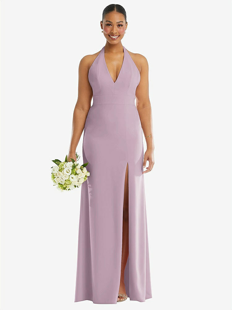 【STYLE: TH110】Plunge Neck Halter Backless Trumpet Gown with Front Slit【COLOR: Suede Rose】