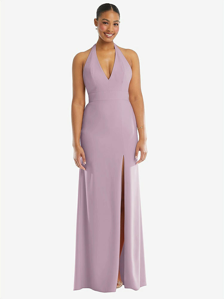 【STYLE: TH110】Plunge Neck Halter Backless Trumpet Gown with Front Slit【COLOR: Suede Rose】