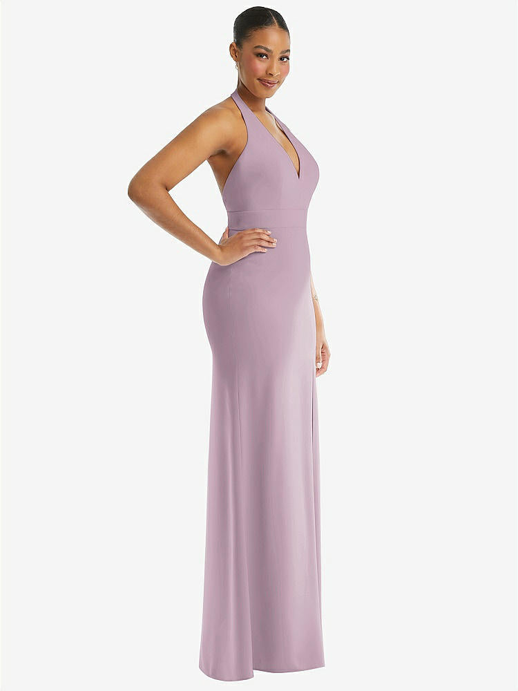 【STYLE: TH110】Plunge Neck Halter Backless Trumpet Gown with Front Slit【COLOR: Suede Rose】