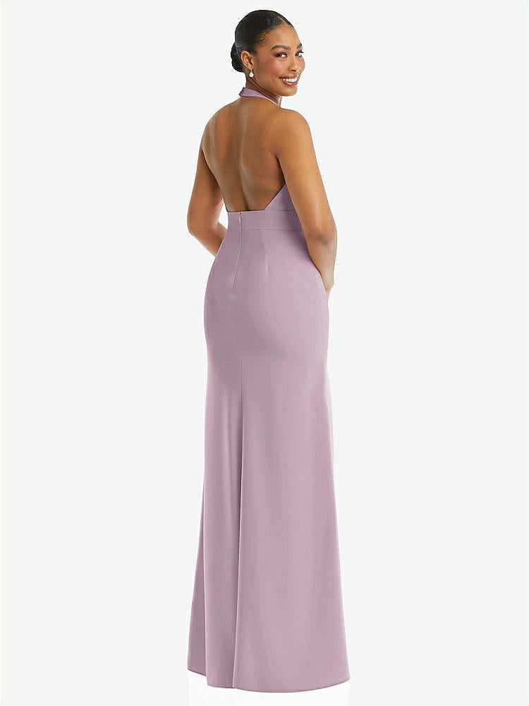 【STYLE: TH110】Plunge Neck Halter Backless Trumpet Gown with Front Slit【COLOR: Suede Rose】