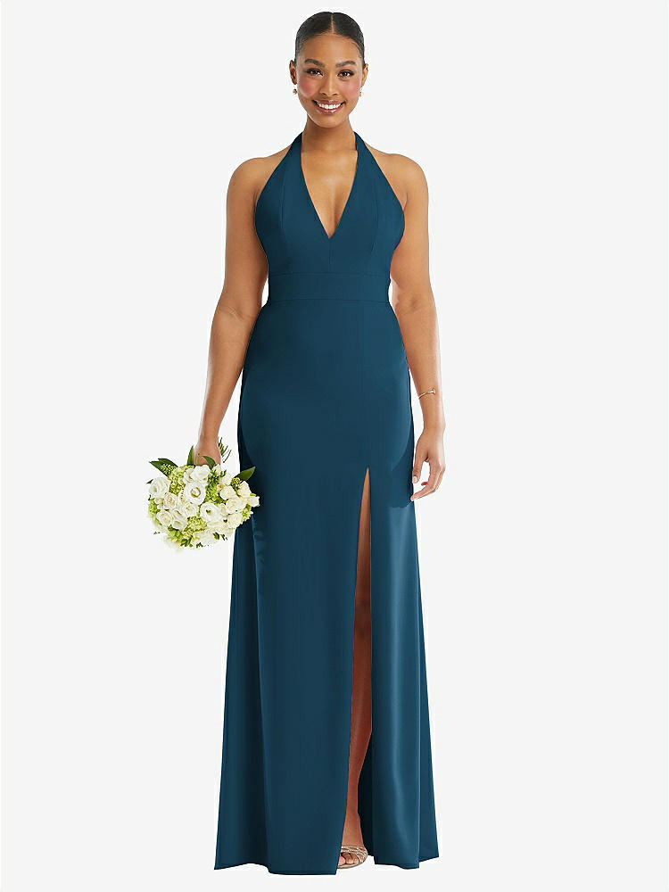【STYLE: TH110】Plunge Neck Halter Backless Trumpet Gown with Front Slit【COLOR: Atlantic Blue】