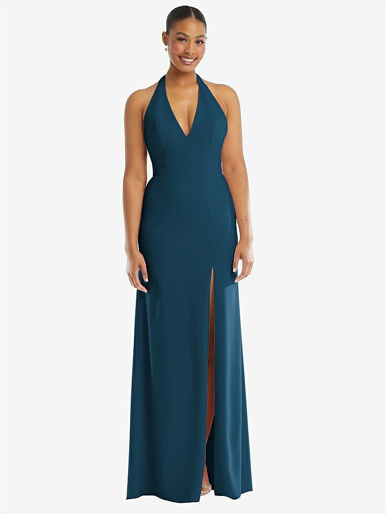 【STYLE: TH110】Plunge Neck Halter Backless Trumpet Gown with Front Slit【COLOR: Atlantic Blue】