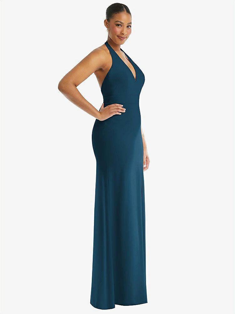 【STYLE: TH110】Plunge Neck Halter Backless Trumpet Gown with Front Slit【COLOR: Atlantic Blue】