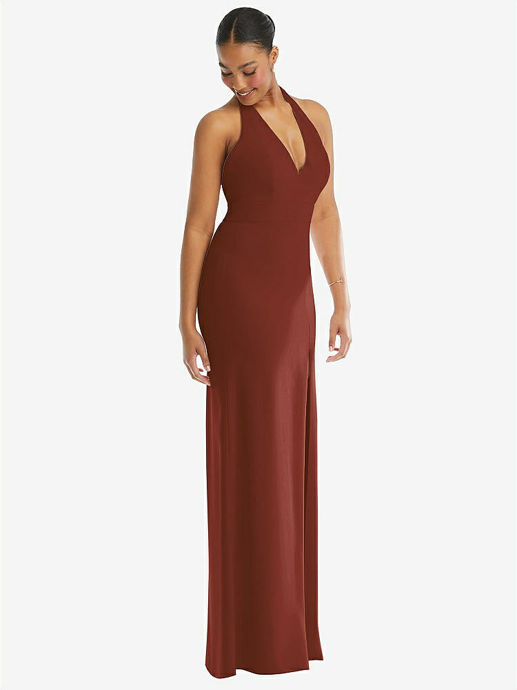 【STYLE: TH110】Plunge Neck Halter Backless Trumpet Gown with Front Slit【COLOR: Auburn Moon】
