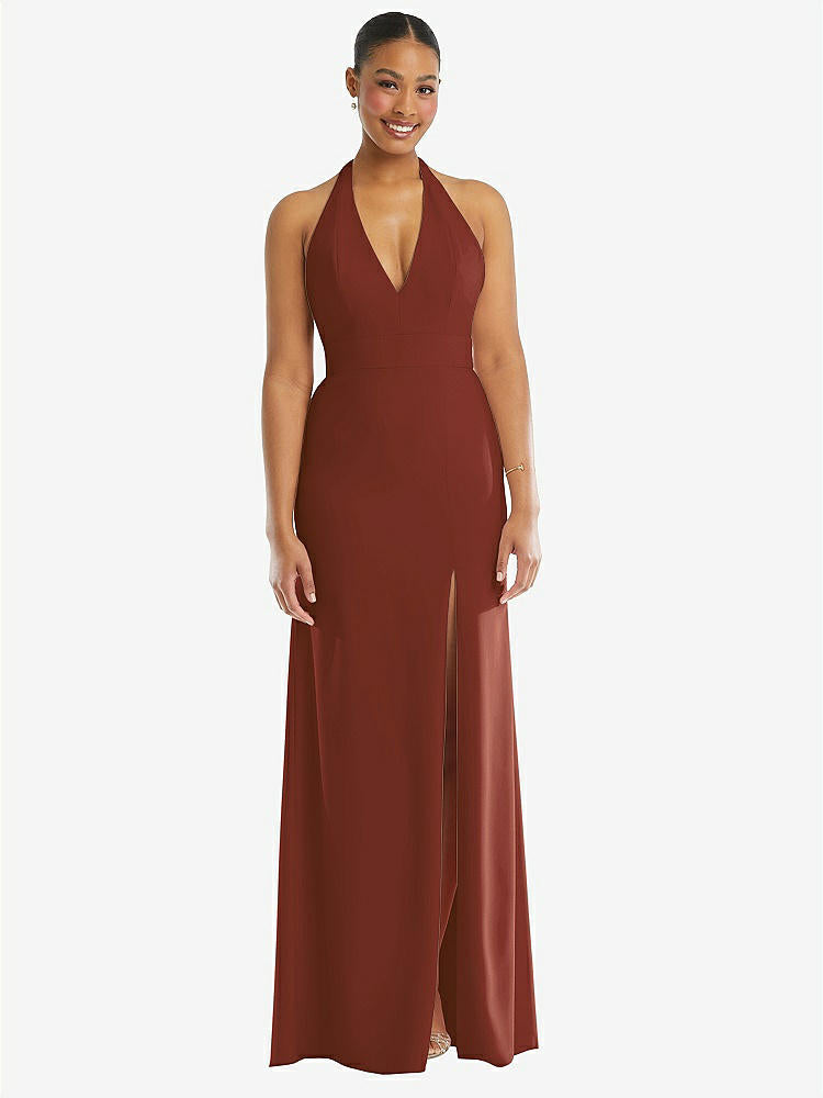 【STYLE: TH110】Plunge Neck Halter Backless Trumpet Gown with Front Slit【COLOR: Auburn Moon】