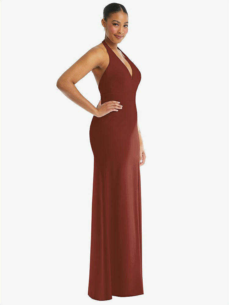 【STYLE: TH110】Plunge Neck Halter Backless Trumpet Gown with Front Slit【COLOR: Auburn Moon】