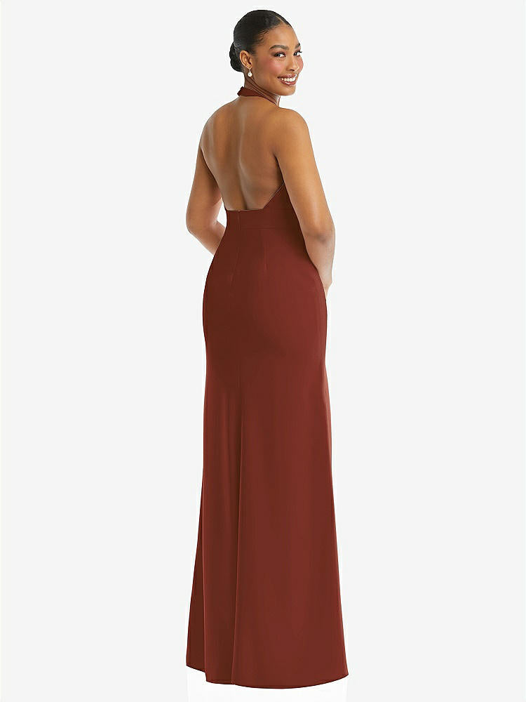 【STYLE: TH110】Plunge Neck Halter Backless Trumpet Gown with Front Slit【COLOR: Auburn Moon】