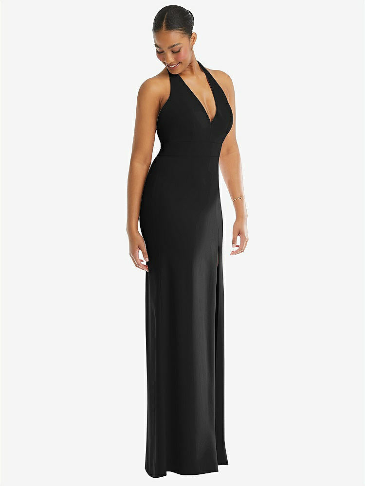 【STYLE: TH110】Plunge Neck Halter Backless Trumpet Gown with Front Slit【COLOR: Black】
