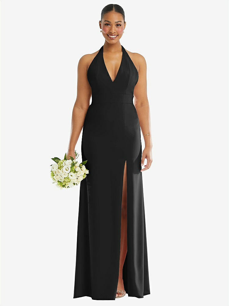 【STYLE: TH110】Plunge Neck Halter Backless Trumpet Gown with Front Slit【COLOR: Black】