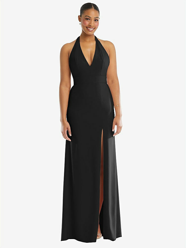 【STYLE: TH110】Plunge Neck Halter Backless Trumpet Gown with Front Slit【COLOR: Black】