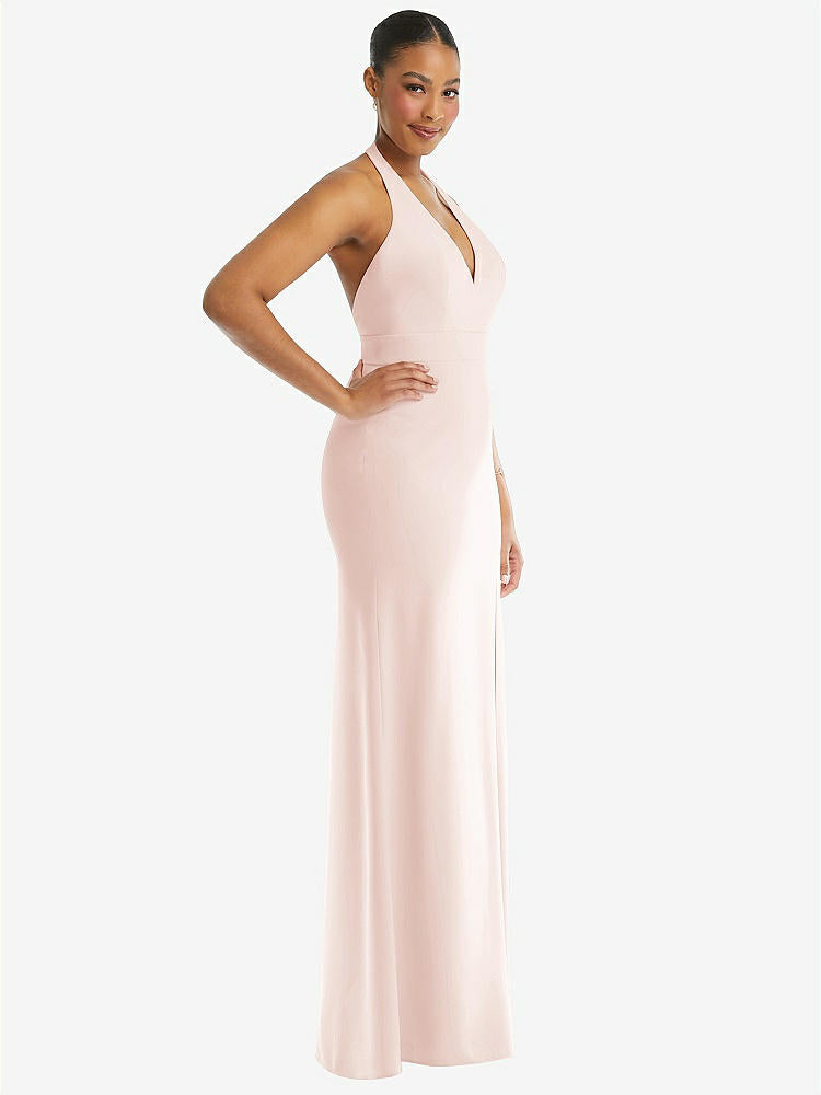 【NEW】【STYLE: TH110】プランジ 首 ホルター バックレス トランペット ガウン 前面 スリット【COLOR: Blush】【SIZE: 00-30W】