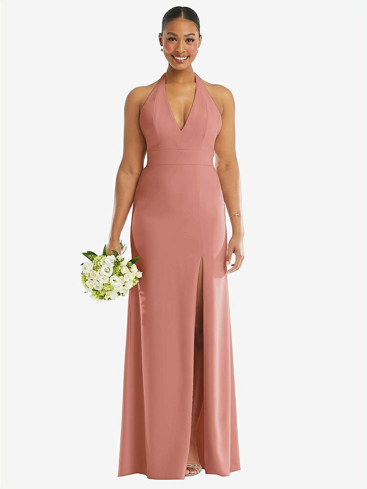 【STYLE: TH110】Plunge Neck Halter Backless Trumpet Gown with Front Slit【COLOR: Desert Rose】