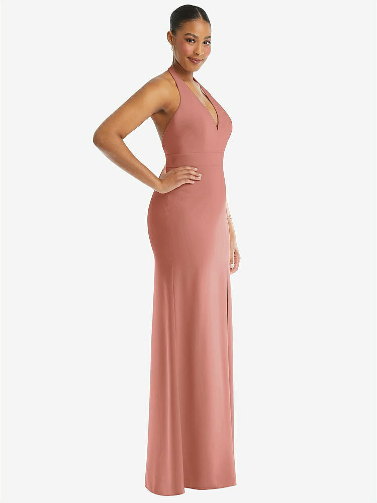 【STYLE: TH110】Plunge Neck Halter Backless Trumpet Gown with Front Slit【COLOR: Desert Rose】