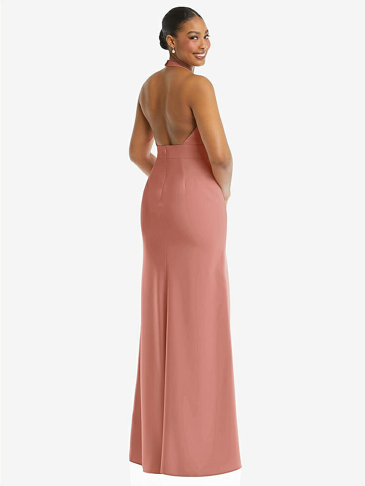 【STYLE: TH110】Plunge Neck Halter Backless Trumpet Gown with Front Slit【COLOR: Desert Rose】