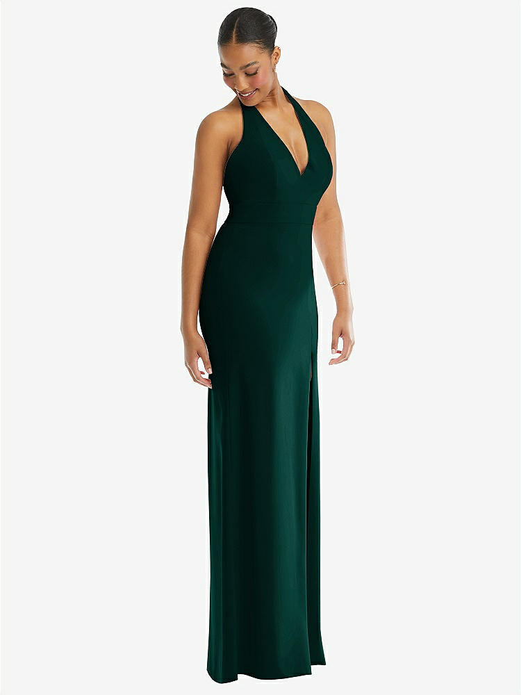 【STYLE: TH110】Plunge Neck Halter Backless Trumpet Gown with Front Slit【COLOR: Evergreen】