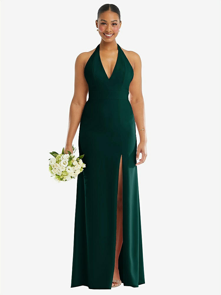 【STYLE: TH110】Plunge Neck Halter Backless Trumpet Gown with Front Slit【COLOR: Evergreen】