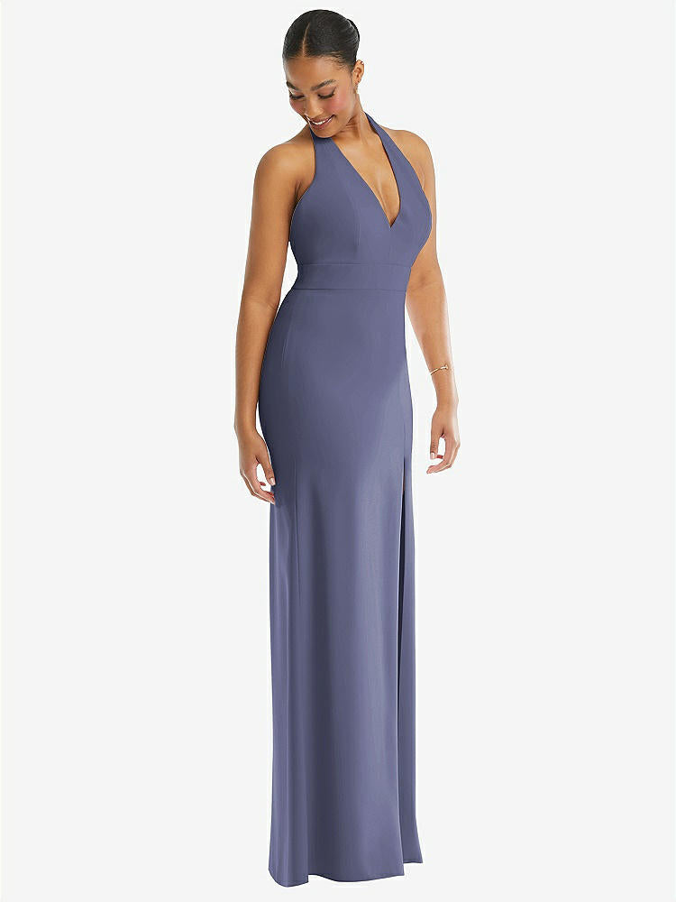 【STYLE: TH110】Plunge Neck Halter Backless Trumpet Gown with Front Slit【COLOR: French Blue】