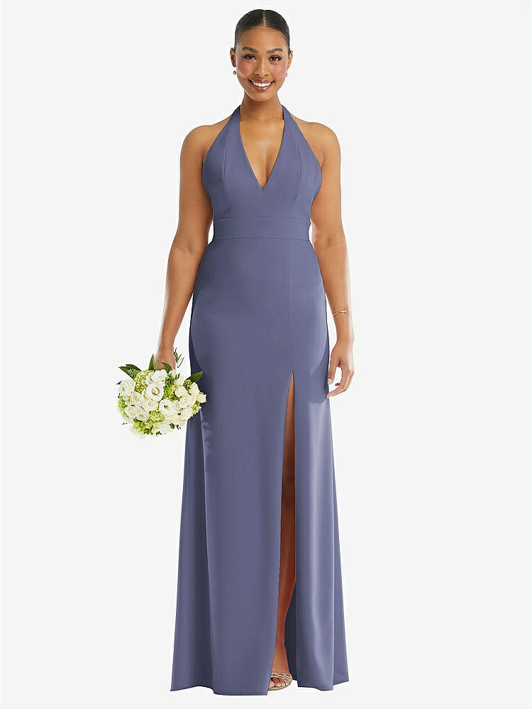 【STYLE: TH110】Plunge Neck Halter Backless Trumpet Gown with Front Slit【COLOR: French Blue】