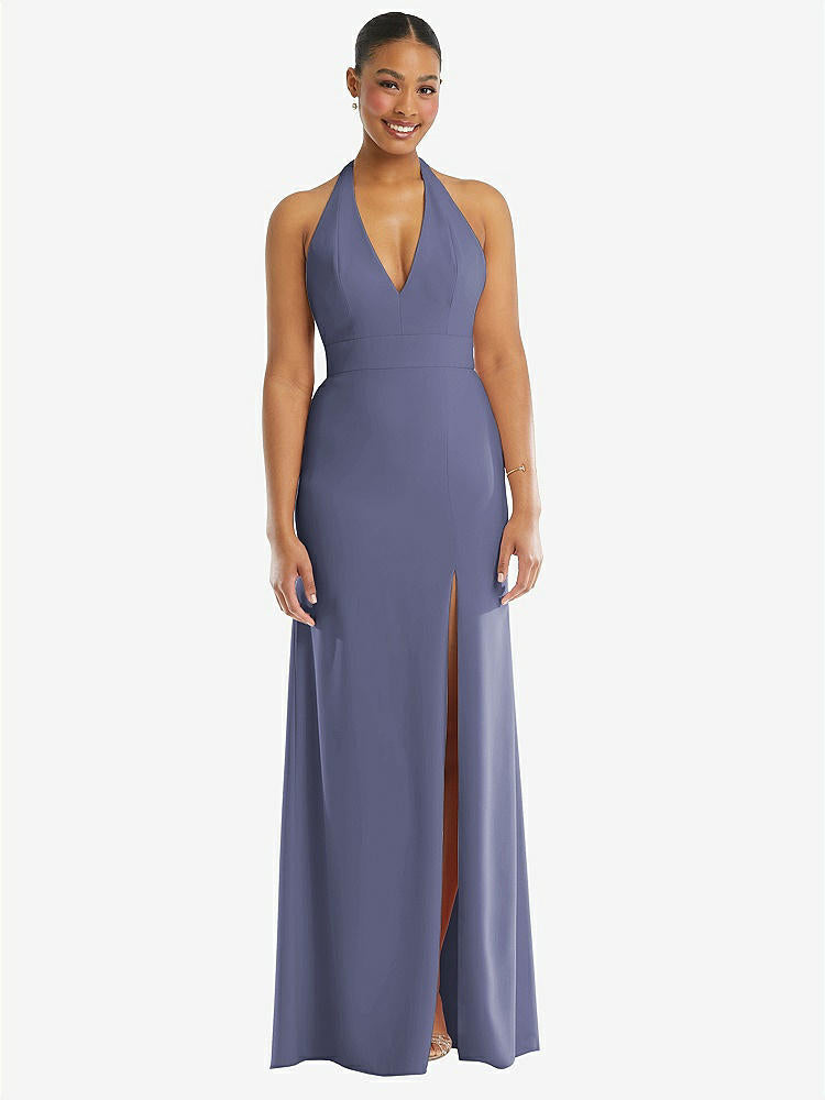【STYLE: TH110】Plunge Neck Halter Backless Trumpet Gown with Front Slit【COLOR: French Blue】
