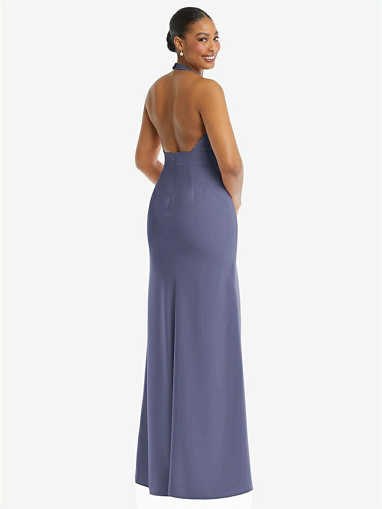 【STYLE: TH110】Plunge Neck Halter Backless Trumpet Gown with Front Slit【COLOR: French Blue】