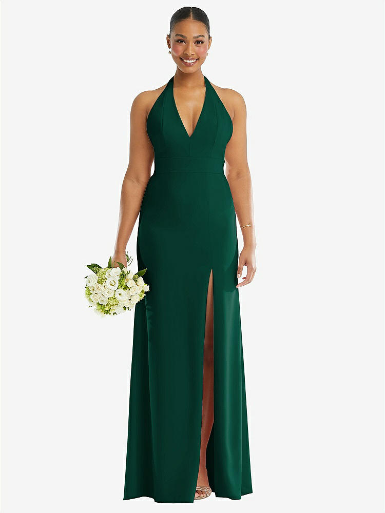 【STYLE: TH110】Plunge Neck Halter Backless Trumpet Gown with Front Slit【COLOR: Hunter Green】