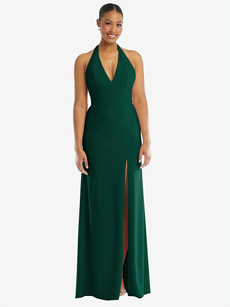【STYLE: TH110】Plunge Neck Halter Backless Trumpet Gown with Front Slit【COLOR: Hunter Green】