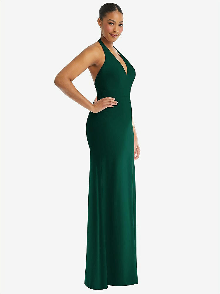 【STYLE: TH110】Plunge Neck Halter Backless Trumpet Gown with Front Slit【COLOR: Hunter Green】