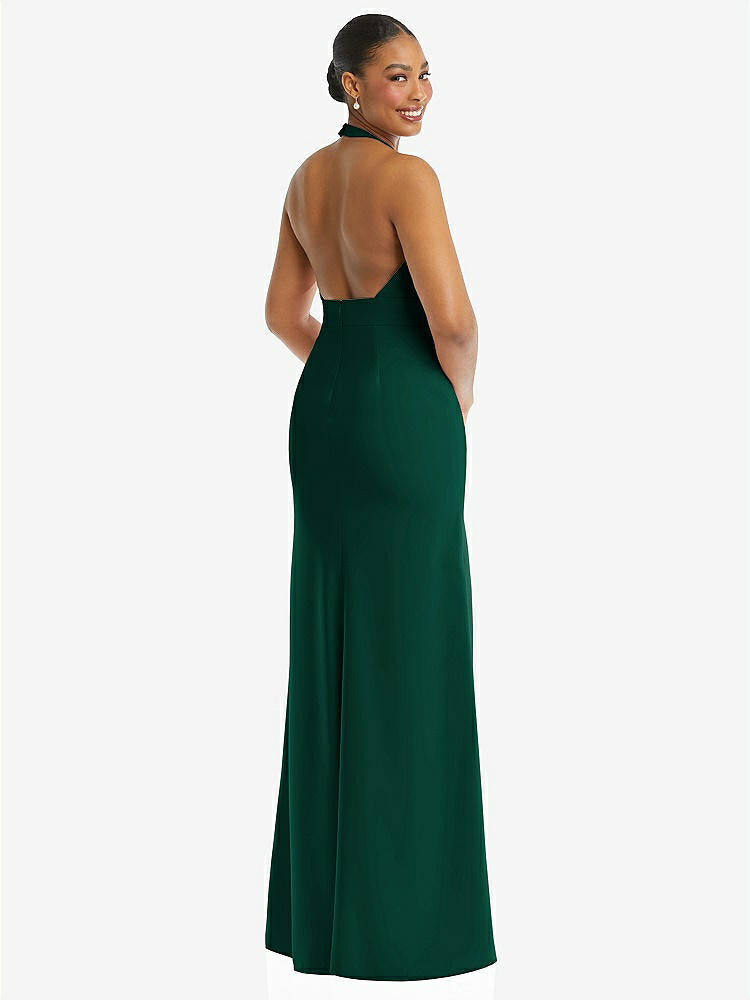 【STYLE: TH110】Plunge Neck Halter Backless Trumpet Gown with Front Slit【COLOR: Hunter Green】