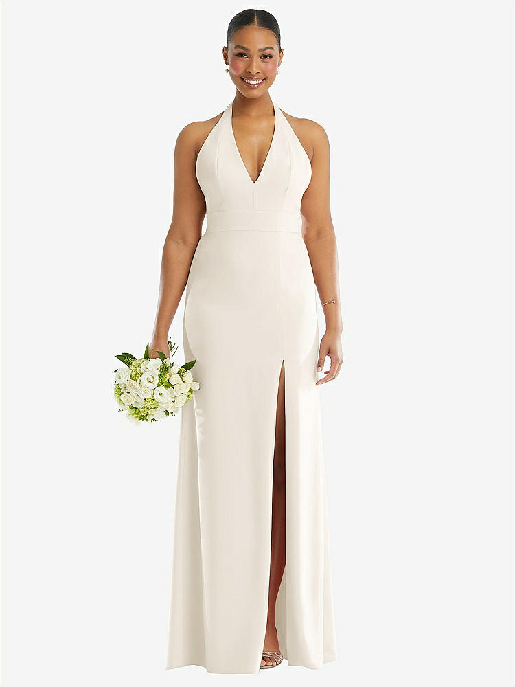【STYLE: TH110】Plunge Neck Halter Backless Trumpet Gown with Front Slit【COLOR: Ivory】