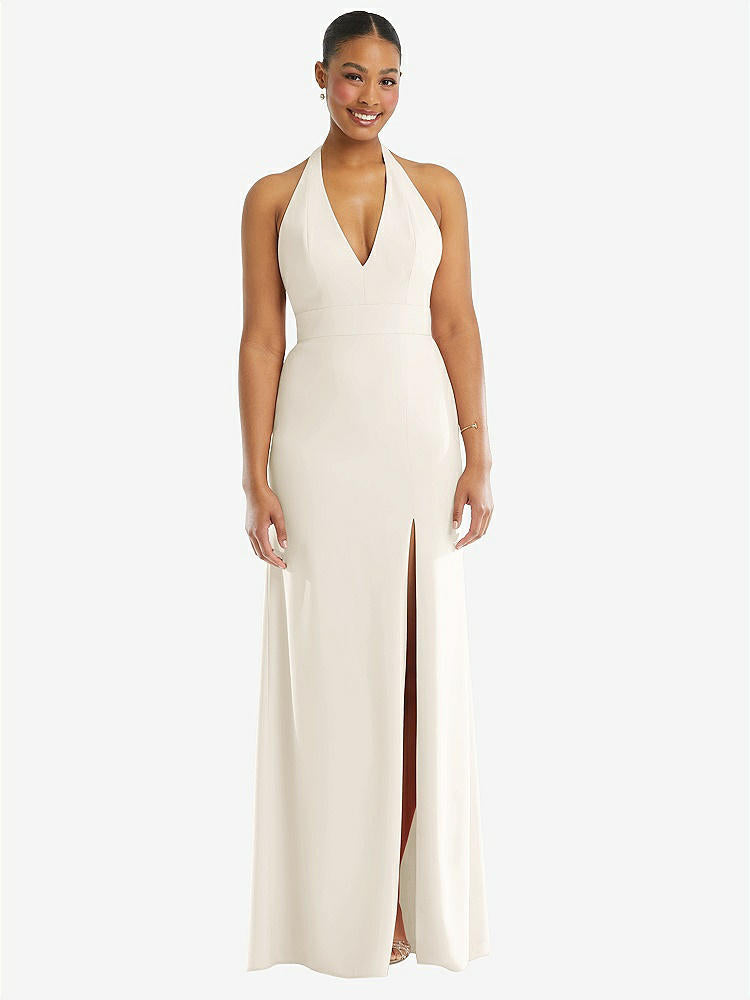 【STYLE: TH110】Plunge Neck Halter Backless Trumpet Gown with Front Slit【COLOR: Ivory】