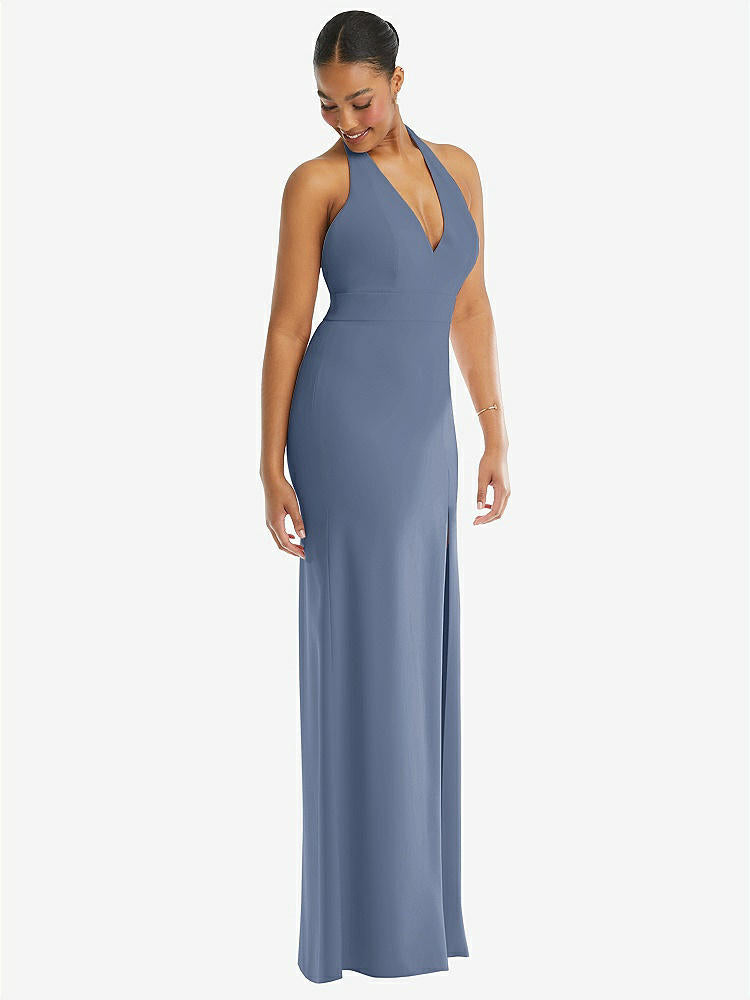 【STYLE: TH110】Plunge Neck Halter Backless Trumpet Gown with Front Slit【COLOR: Larkspur Blue】