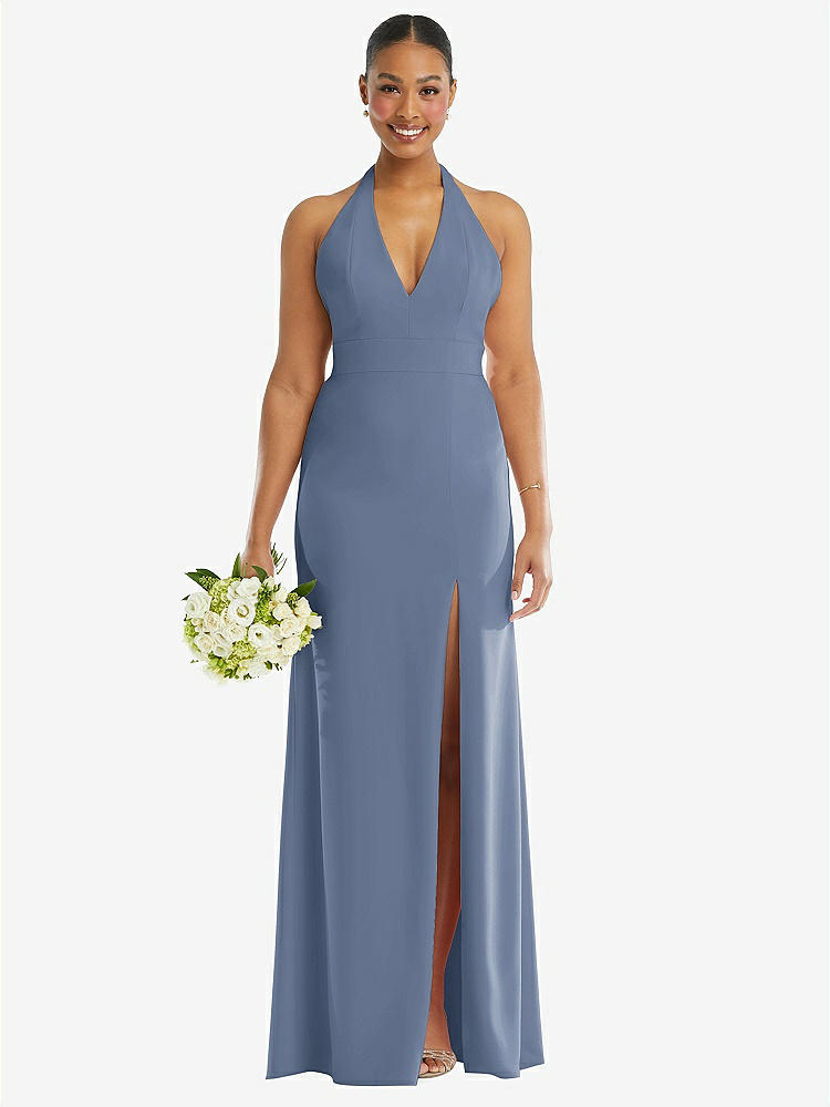 【STYLE: TH110】Plunge Neck Halter Backless Trumpet Gown with Front Slit【COLOR: Larkspur Blue】