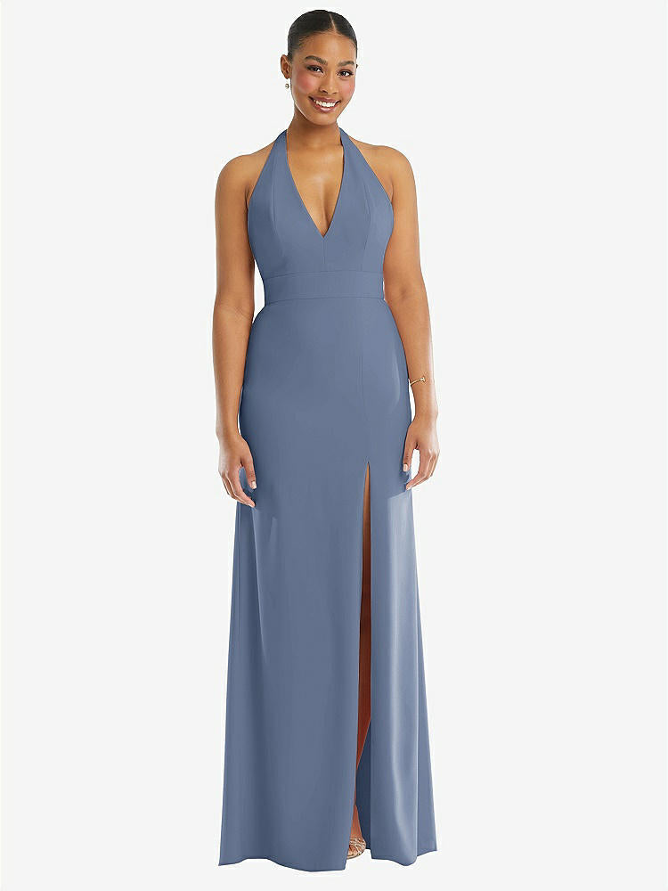 【STYLE: TH110】Plunge Neck Halter Backless Trumpet Gown with Front Slit【COLOR: Larkspur Blue】