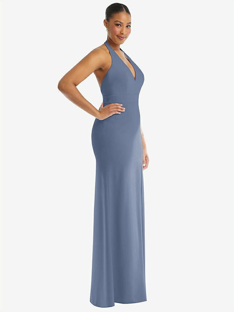 【STYLE: TH110】Plunge Neck Halter Backless Trumpet Gown with Front Slit【COLOR: Larkspur Blue】