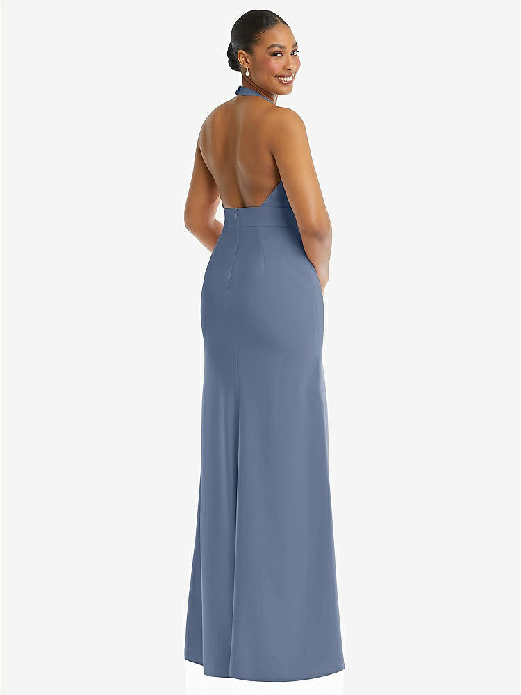 【STYLE: TH110】Plunge Neck Halter Backless Trumpet Gown with Front Slit【COLOR: Larkspur Blue】