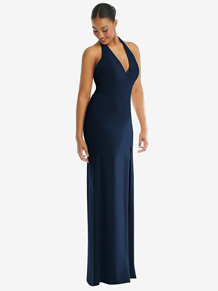 【STYLE: TH110】Plunge Neck Halter Backless Trumpet Gown with Front Slit【COLOR: Midnight Navy】