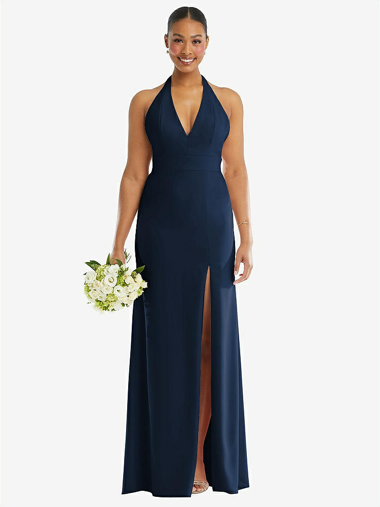 【STYLE: TH110】Plunge Neck Halter Backless Trumpet Gown with Front Slit【COLOR: Midnight Navy】