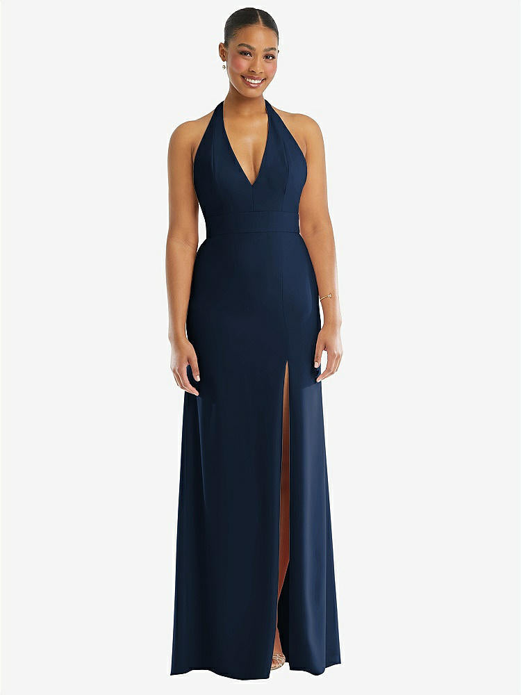 【STYLE: TH110】Plunge Neck Halter Backless Trumpet Gown with Front Slit【COLOR: Midnight Navy】