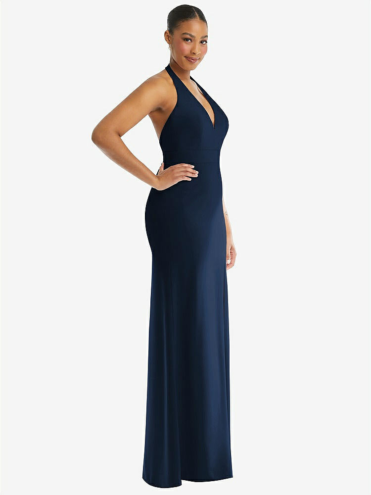 【STYLE: TH110】Plunge Neck Halter Backless Trumpet Gown with Front Slit【COLOR: Midnight Navy】
