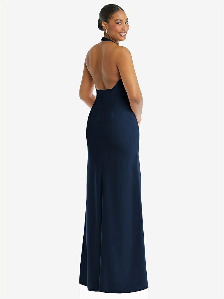 【STYLE: TH110】Plunge Neck Halter Backless Trumpet Gown with Front Slit【COLOR: Midnight Navy】