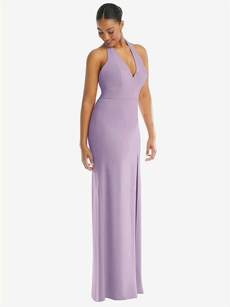 【STYLE: TH110】Plunge Neck Halter Backless Trumpet Gown with Front Slit【COLOR: Pale Purple】