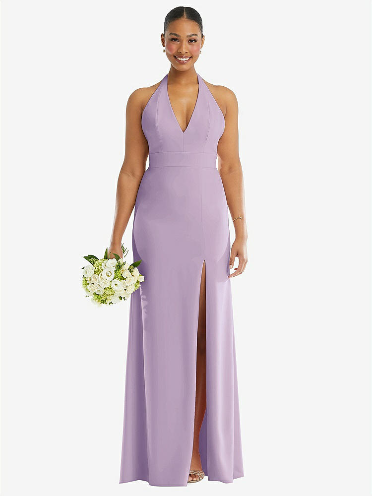 【STYLE: TH110】Plunge Neck Halter Backless Trumpet Gown with Front Slit【COLOR: Pale Purple】