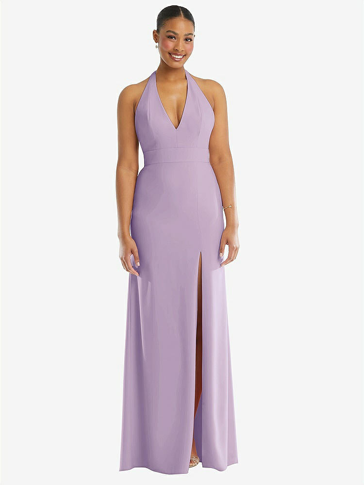 【STYLE: TH110】Plunge Neck Halter Backless Trumpet Gown with Front Slit【COLOR: Pale Purple】