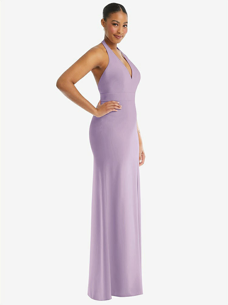 【STYLE: TH110】Plunge Neck Halter Backless Trumpet Gown with Front Slit【COLOR: Pale Purple】
